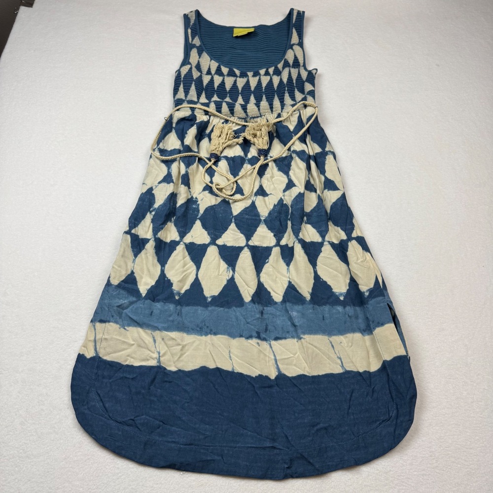 Maeve Anthropologie Blue Tie‎ Dye Maxi Dress Sz 0 Smocked Bodice Tassel Rope